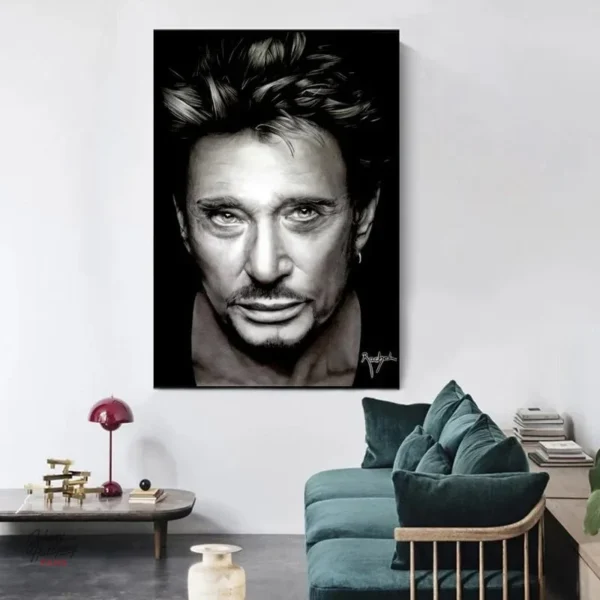 Poster avec portrait de Johnny Hallyday, légende musicale