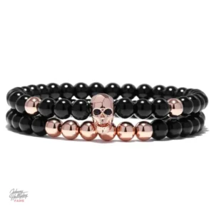 Bracelet Johnny Hallyday, motif crâne sur perles variées