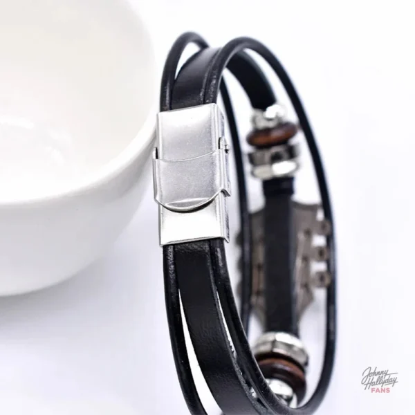 Bracelet Johnny Hallyday Guitare - Version en cuir marron