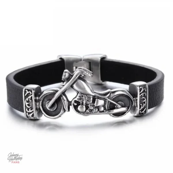 Bracelet Johnny Hallyday Motard en cuir noir